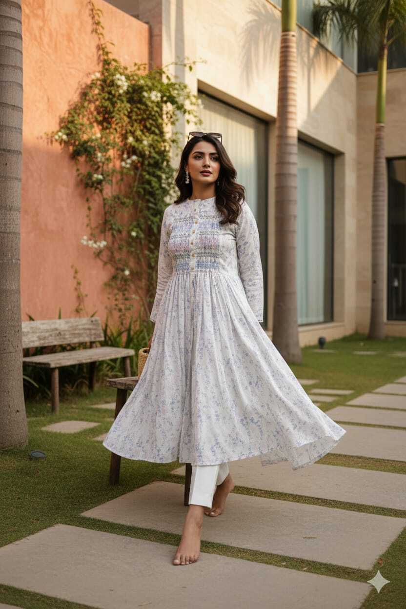Sri Lankan woman wearing a breathable cotton smocked top