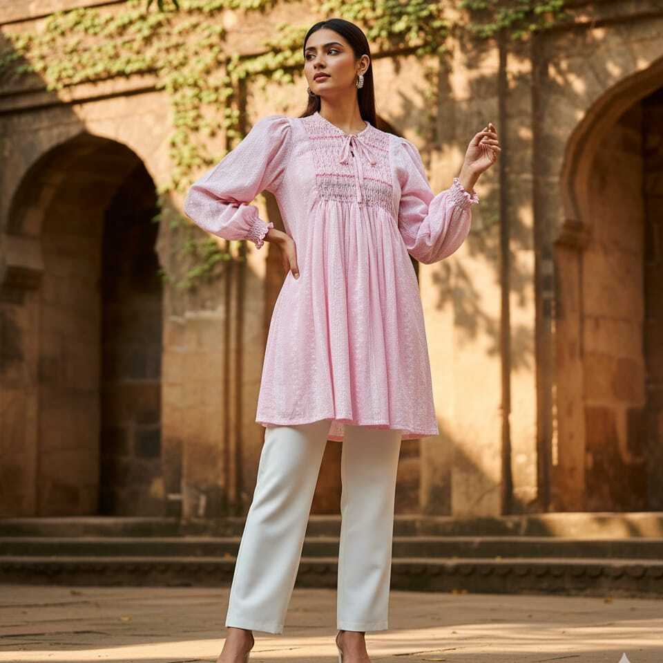 Sri Lankan woman wearing a breathable cotton smocked top